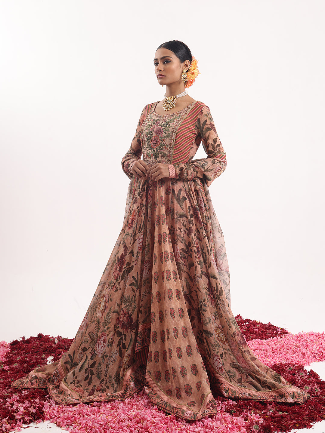 Anarkali with delightful blend of printed and embroidered details.