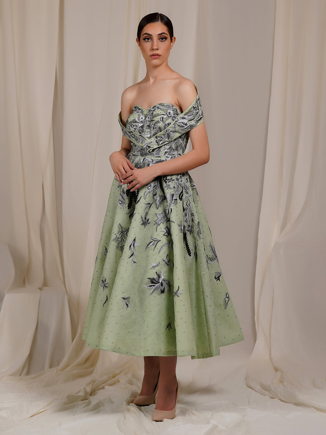 A Sea green Off-Shoulder, Calf Length Cotton Silk Gown