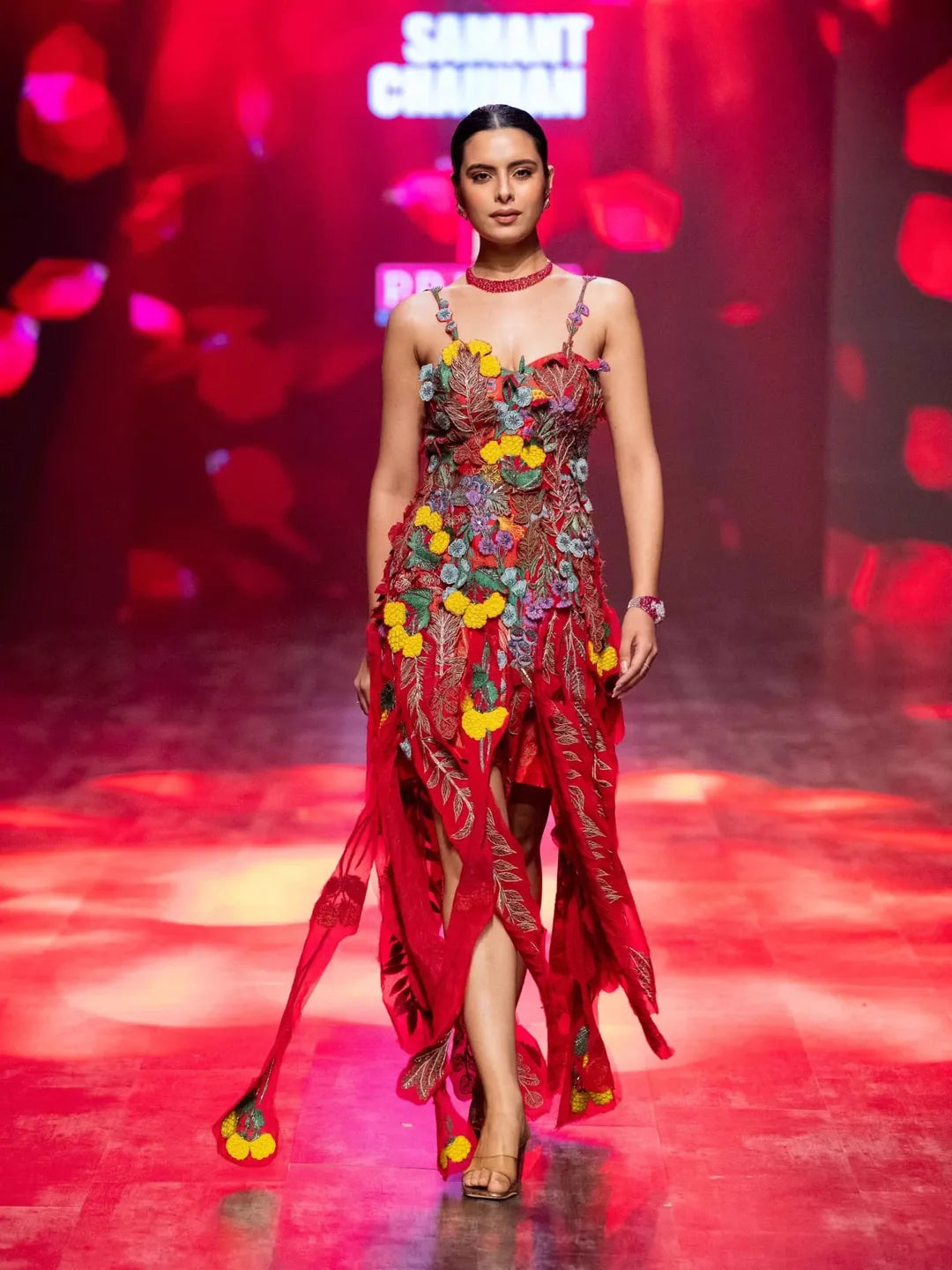 Red Mid-length dress featuring a 3D embroidered bodice