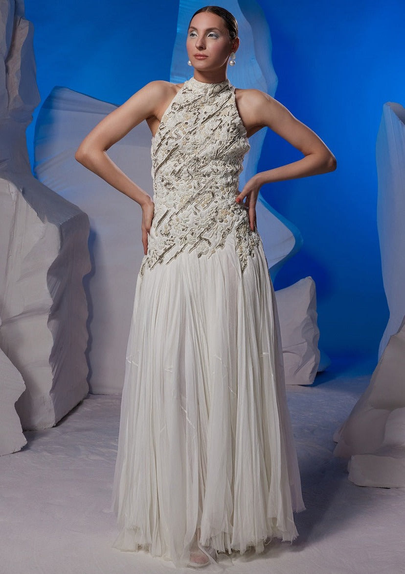 Ivory dress embellished with pearl embroidery