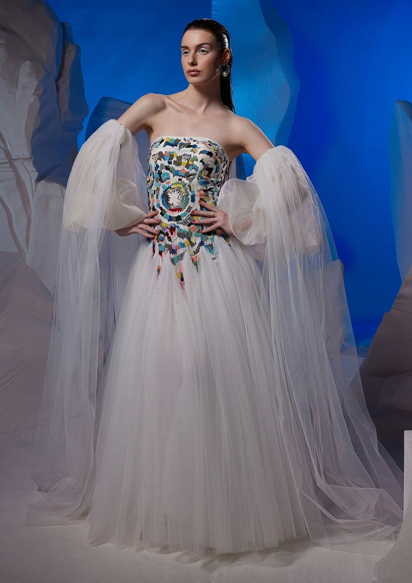 Off-shoulder gown with embroidery at the yoke