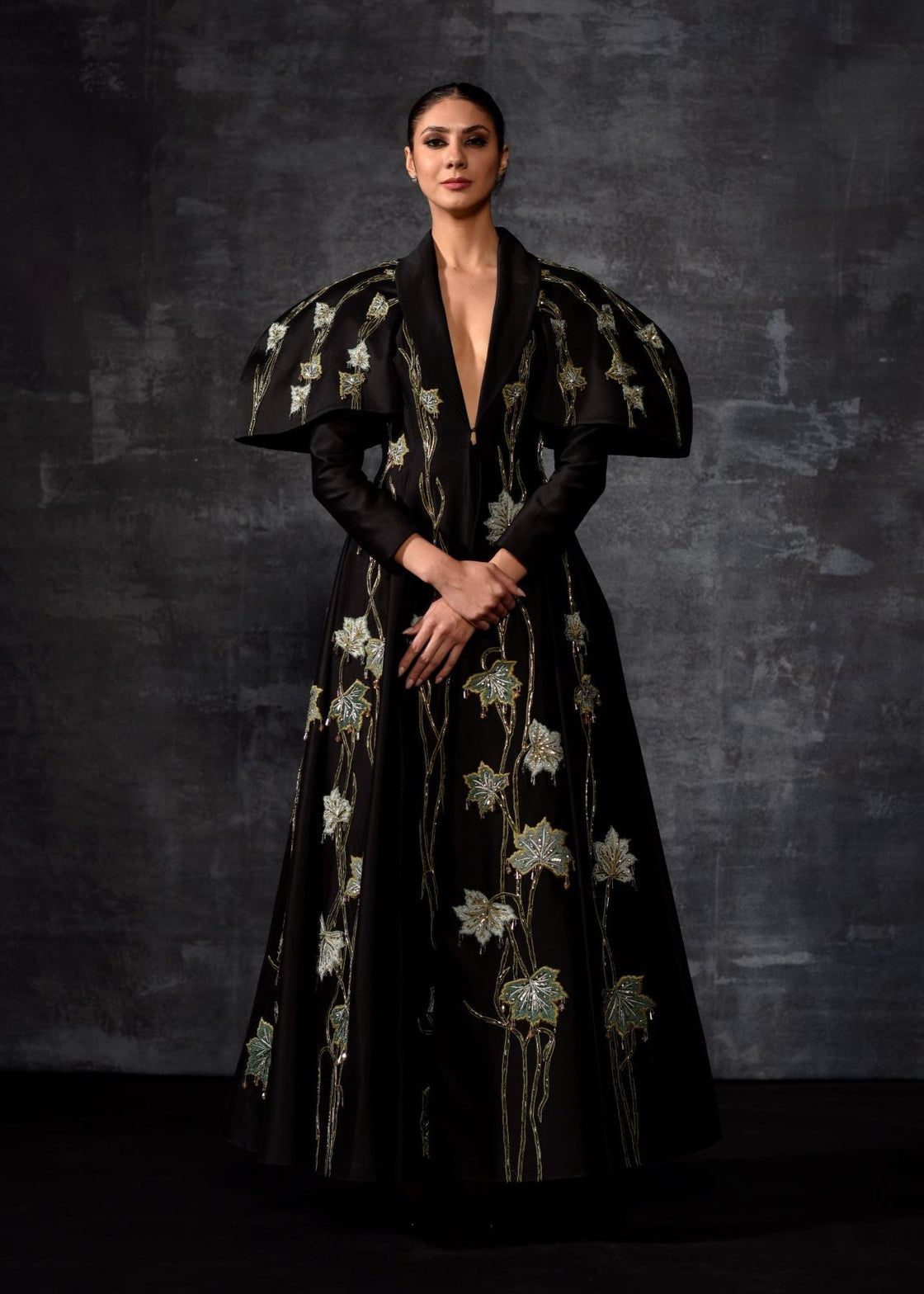 A black cotton silk fabric floor length gown with lapel neck line - samantchauhan Apparel & Accessories