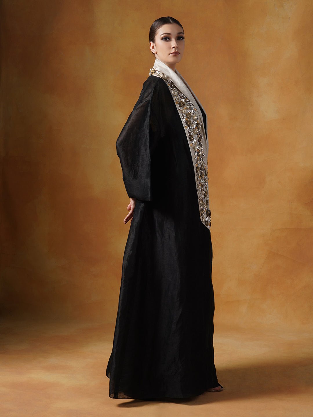 A black floor length lose - fitted gown with an embellished deep yoke neck line. - samantchauhan Apparel & Accessories