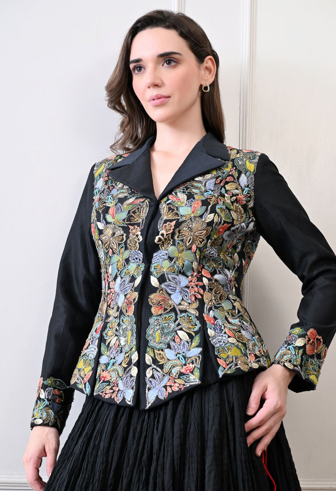 A black jacket features intricate all - over embroidery with skirt - samantchauhan Apparel & Accessories