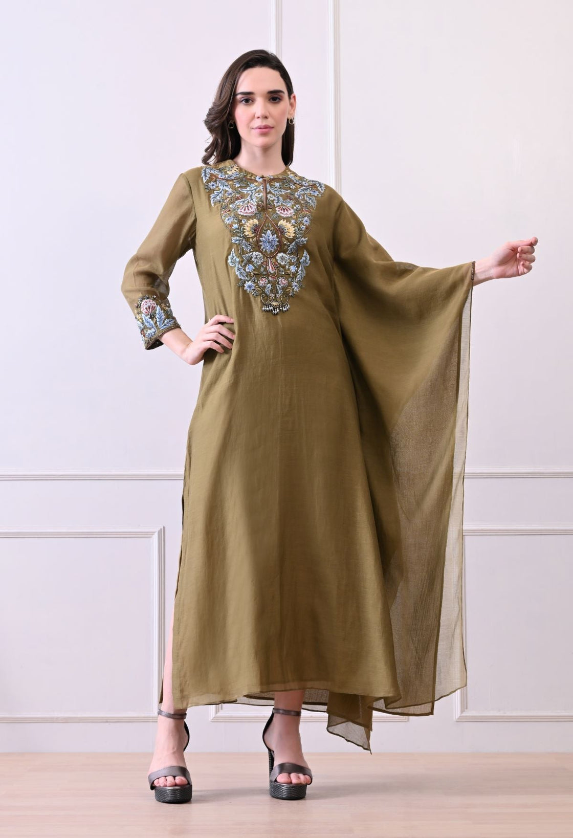 A comfortable yet elegant olive kaftan - style dress - samantchauhan Apparel & Accessories