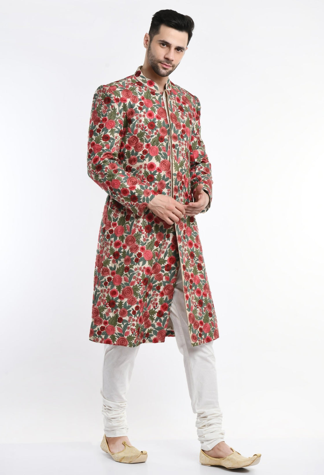 A cotton silk sherwani surfaced with intricate silk yarn embroidery. - samantchauhan Apparel & Accessories