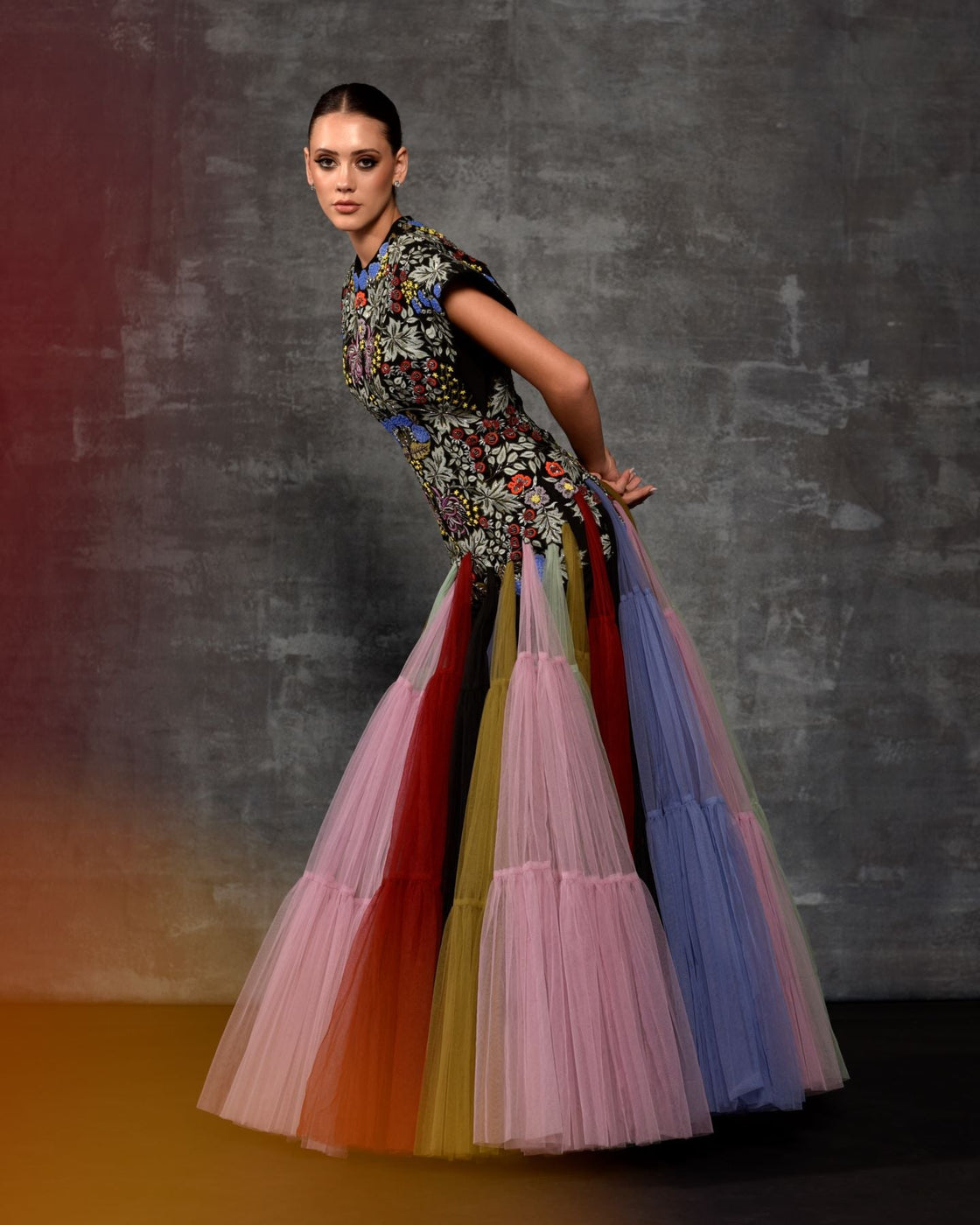 A gown with multi - colored floral and butterfly embroidery - samantchauhan Apparel & Accessories