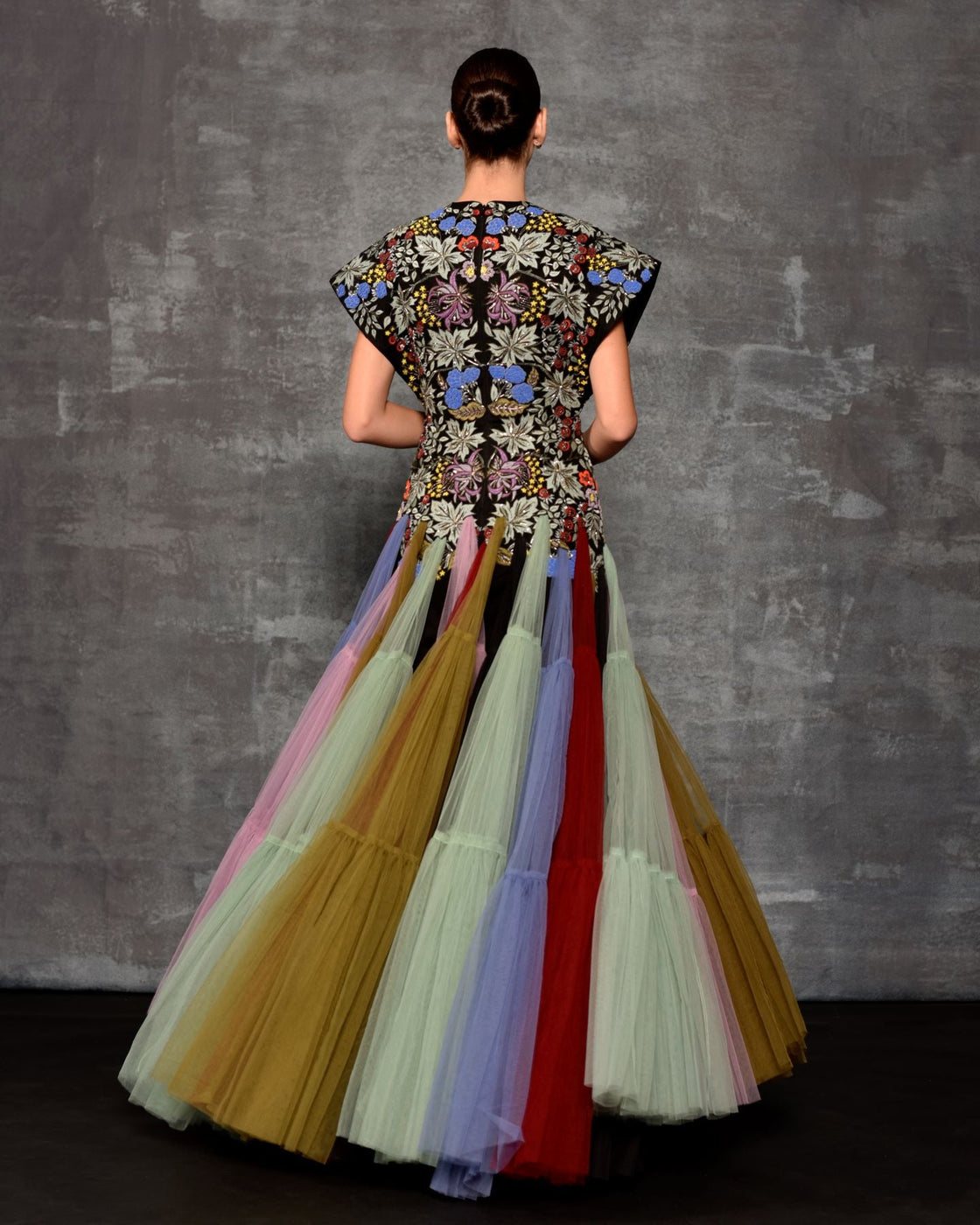 A gown with multi - colored floral and butterfly embroidery - samantchauhan Apparel & Accessories
