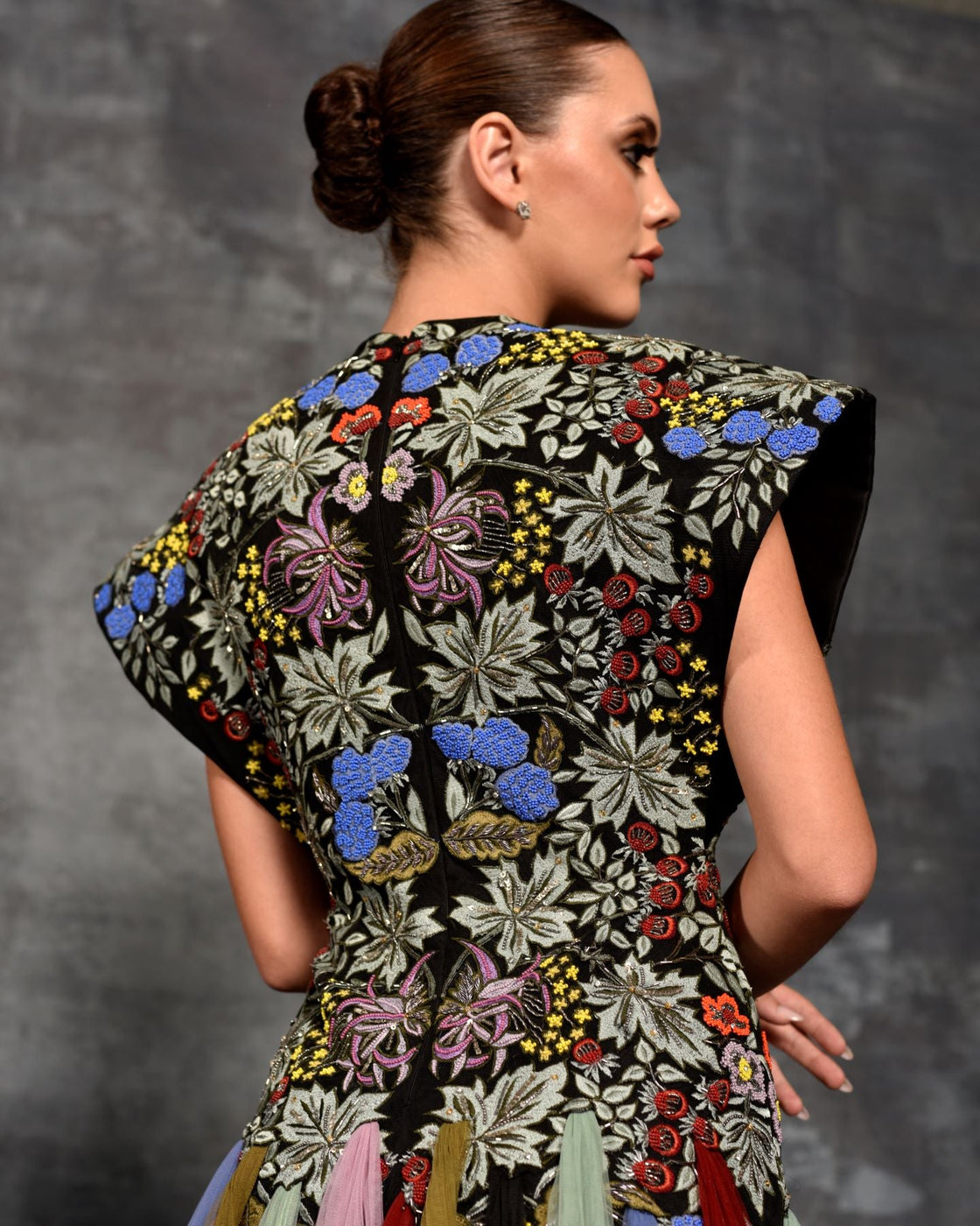A gown with multi - colored floral and butterfly embroidery - samantchauhan Apparel & Accessories