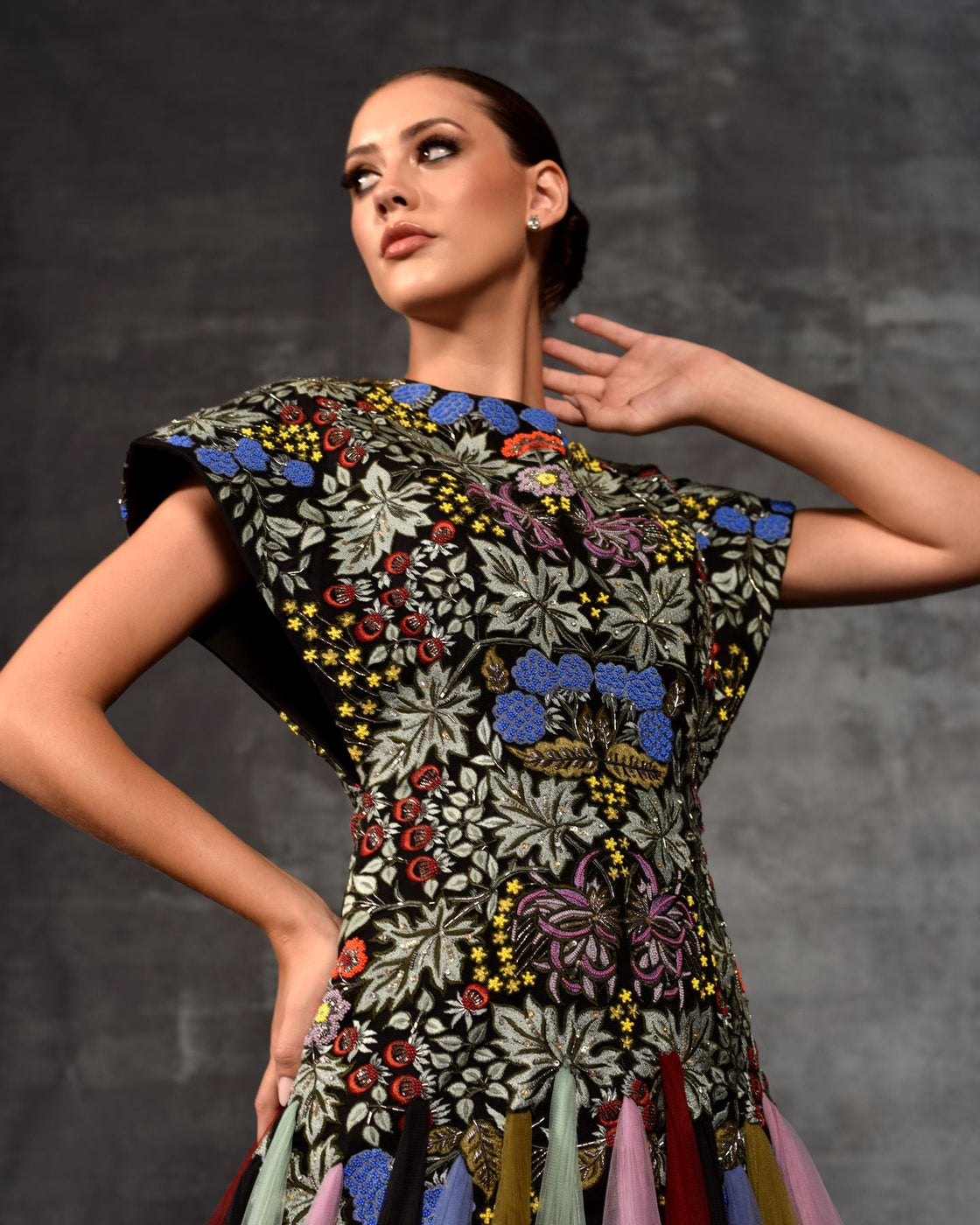 A gown with multi - colored floral and butterfly embroidery - samantchauhan Apparel & Accessories