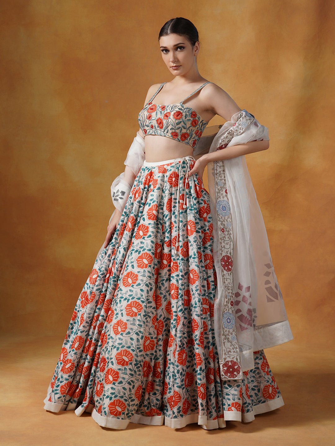 A printed lehenga set with intricately embroidered blouse and organza Dupatta - samantchauhan Apparel & Accessories