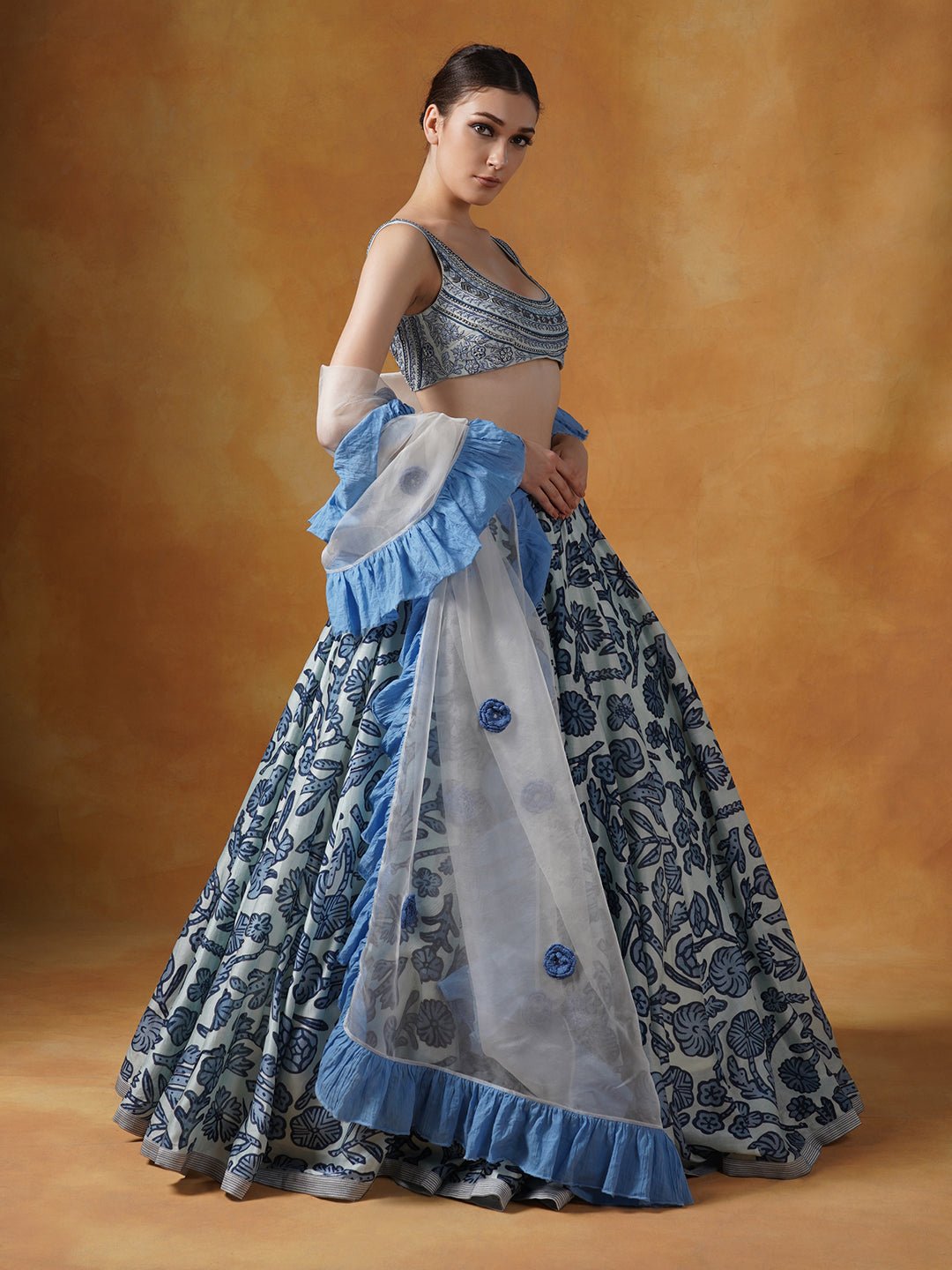 A printed lehenga set with intricately embroidered blouse and organza Dupatta with cotton frill border - samantchauhan Apparel & Accessories