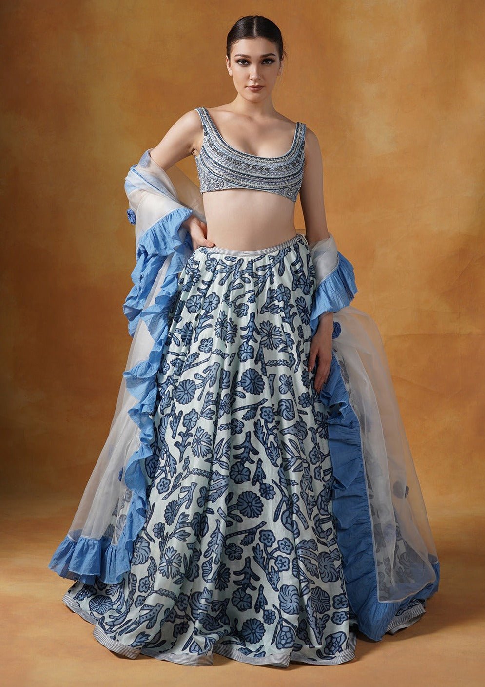 A printed lehenga set with intricately embroidered blouse and organza Dupatta with cotton frill border - samantchauhan Apparel & Accessories