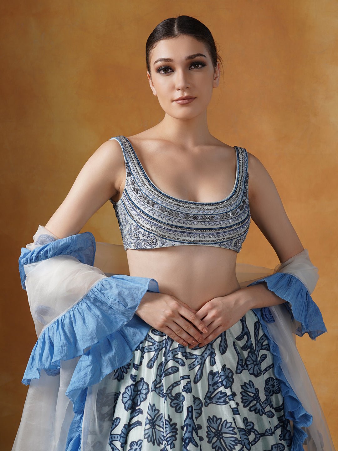 A printed lehenga set with intricately embroidered blouse and organza Dupatta with cotton frill border - samantchauhan Apparel & Accessories