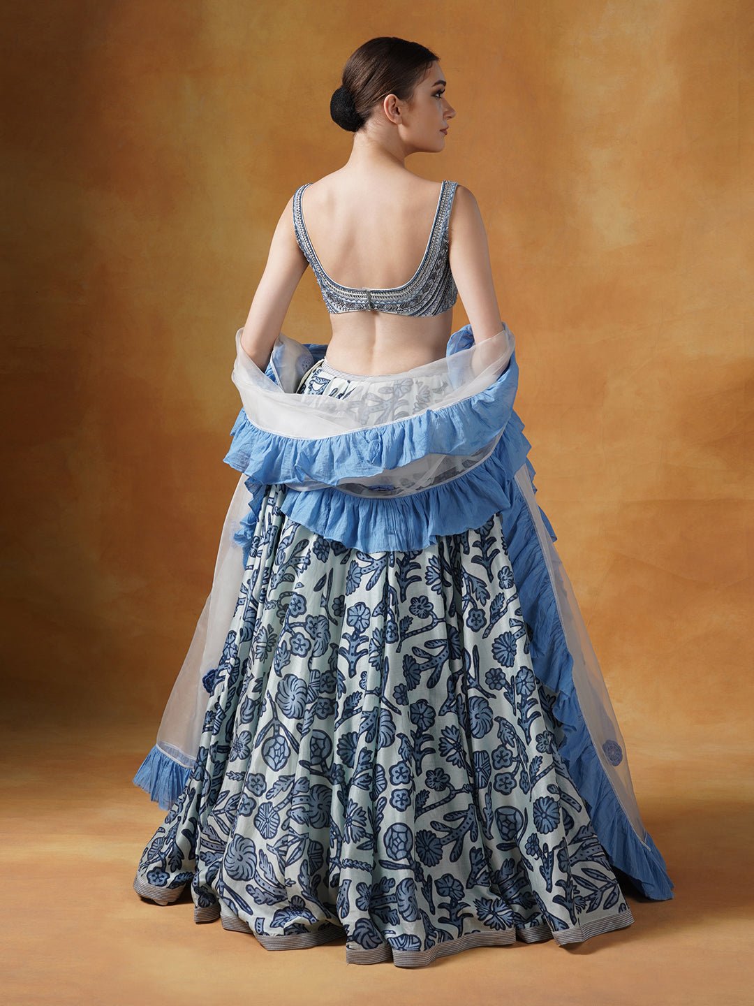 A printed lehenga set with intricately embroidered blouse and organza Dupatta with cotton frill border - samantchauhan Apparel & Accessories