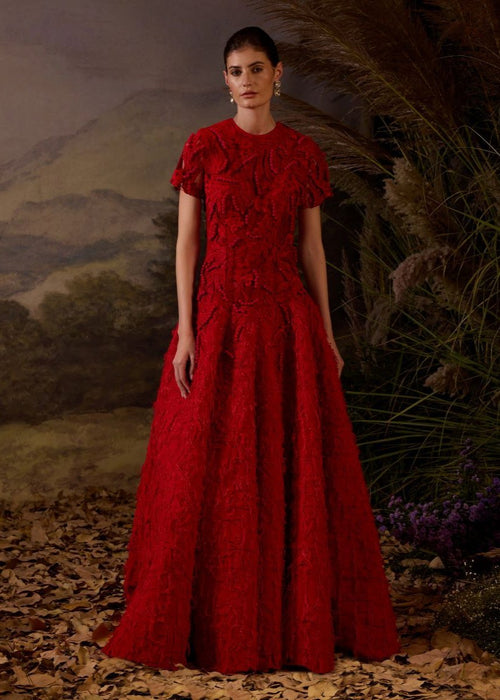 A Red floor length gown Embroidered with tonal silk thread and 3d hand work - samantchauhan Apparel & Accessories
