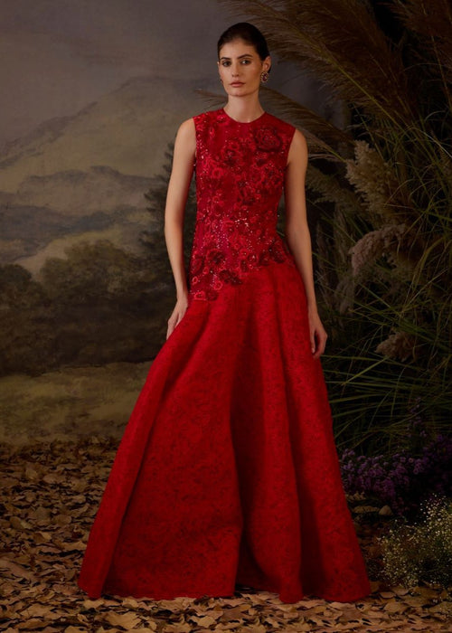 A Red Gown With tonal 3d embrodidery in torso and bottom - samantchauhan Apparel & Accessories