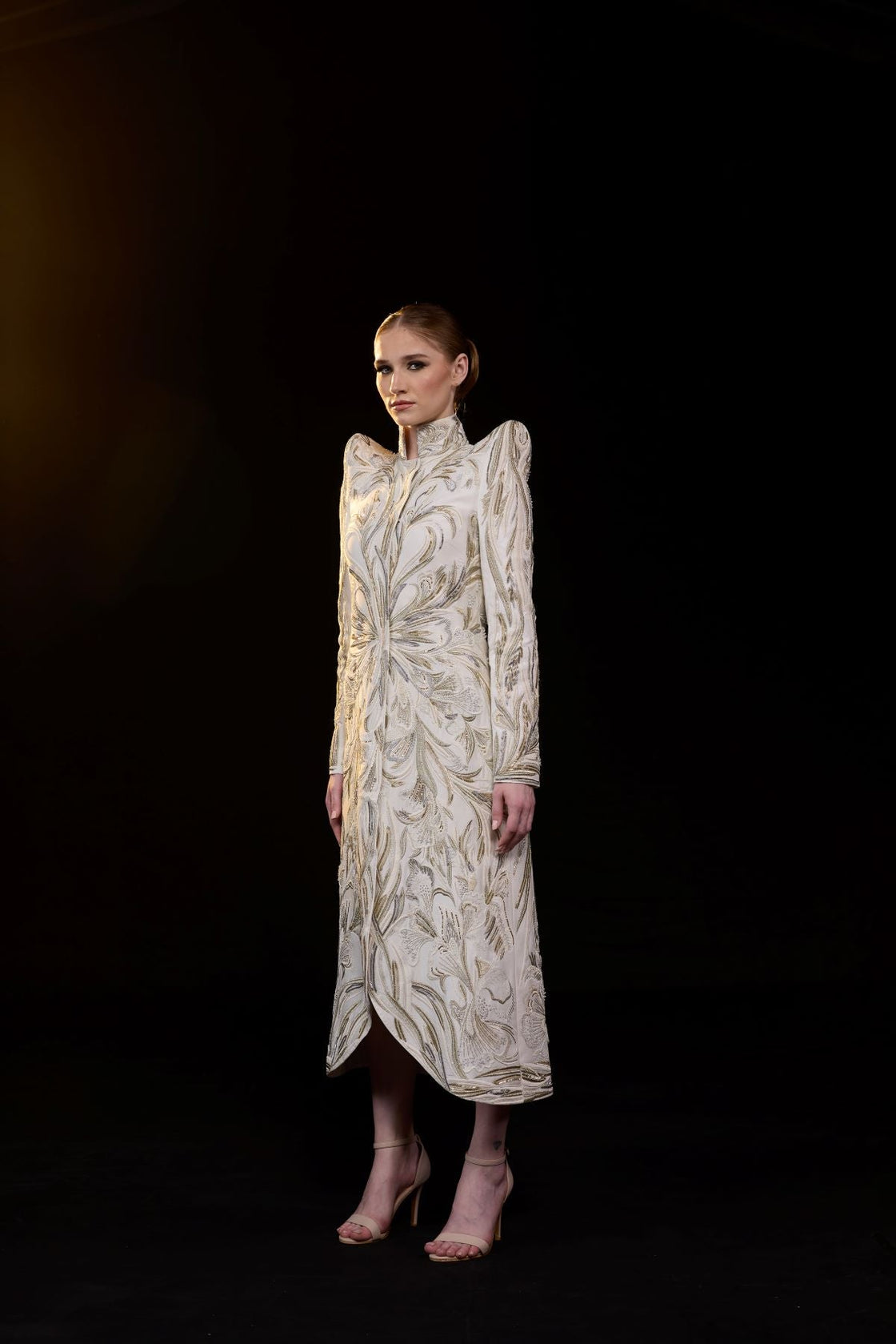 A sophisticated midi dress features a high neckline and long sleeve.