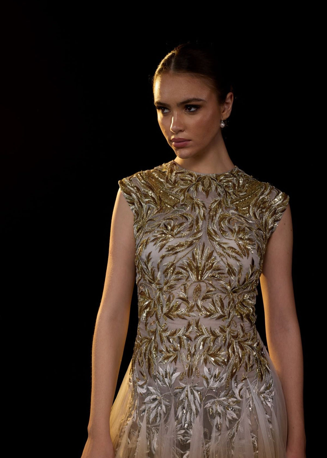 A stunning ombré tulle gown featuring intricate gold and silver leaf embroidery on the bodice. - samantchauhan Apparel & Accessories