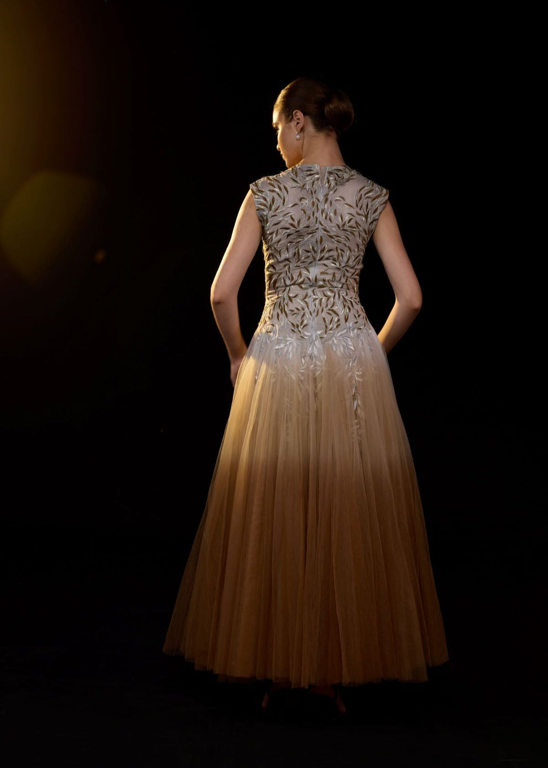 A stunning ombré tulle gown featuring intricate gold and silver leaf embroidery on the bodice. - samantchauhan Apparel & Accessories