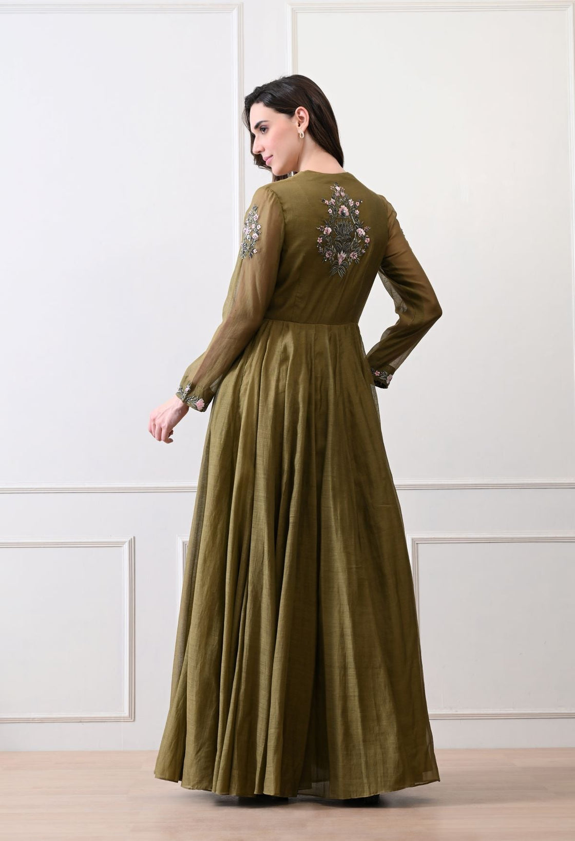 An elegant olive gown with exquisite floral and ornate embroidery - samantchauhan Apparel & Accessories