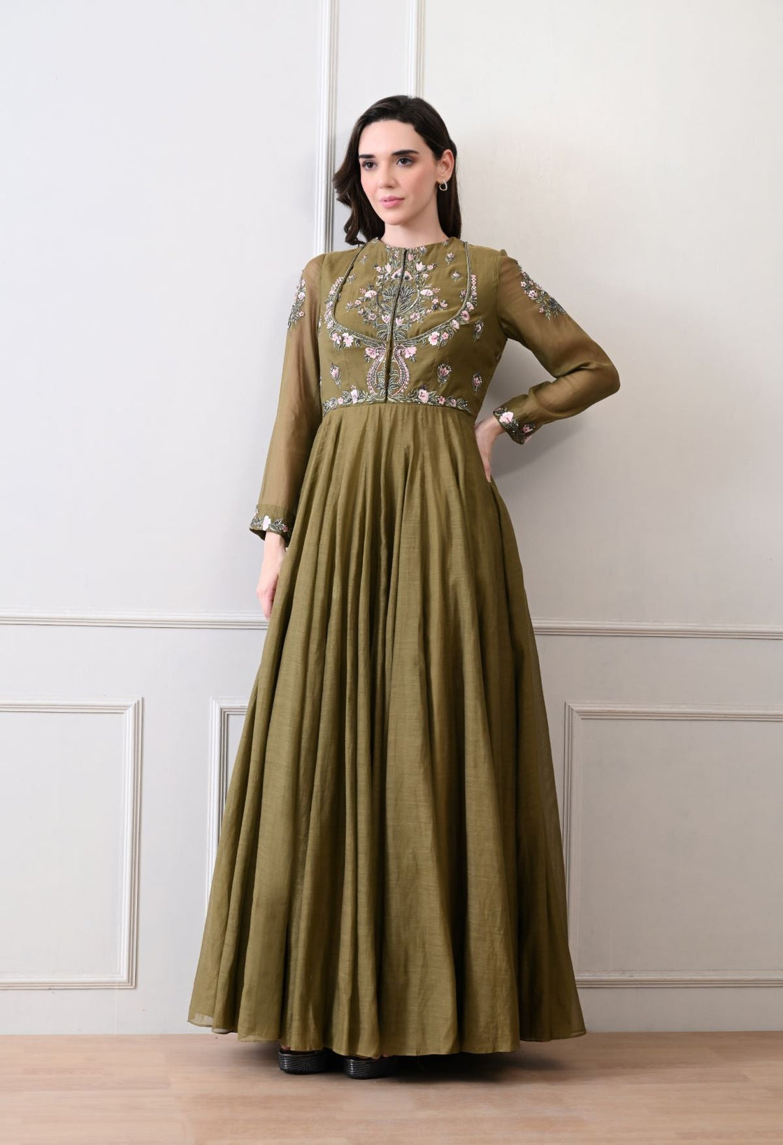 An elegant olive gown with exquisite floral and ornate embroidery - samantchauhan Apparel & Accessories