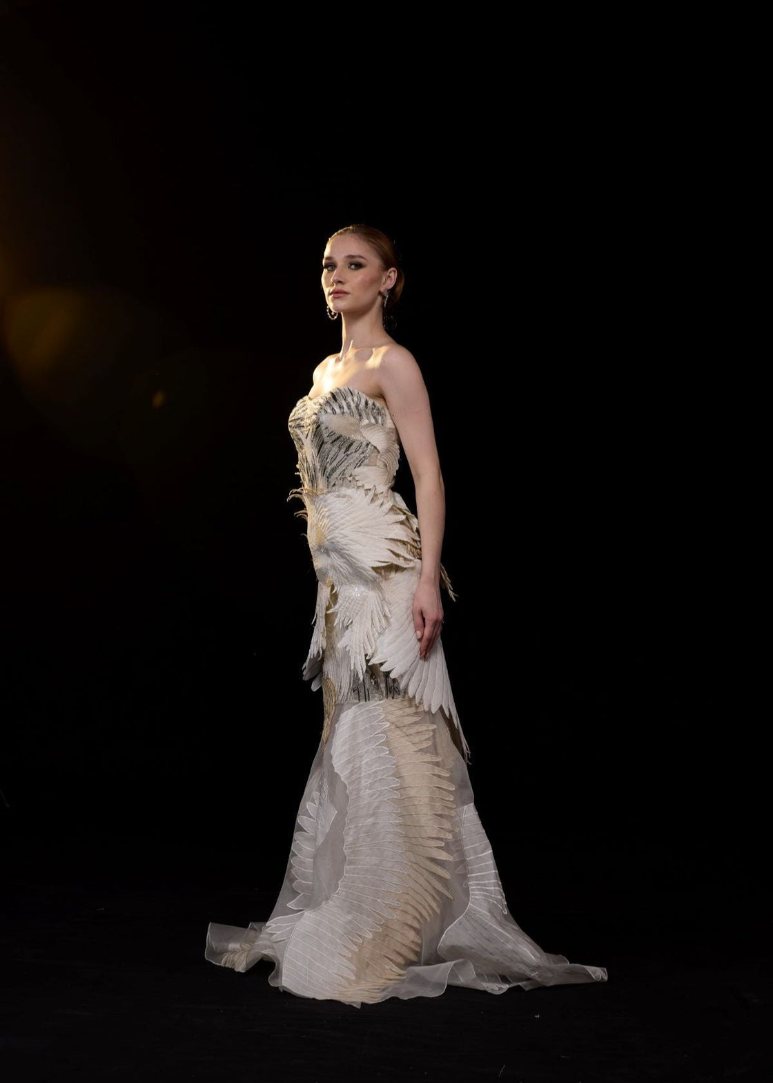 An ethereal strapless gown crafted with layered organza wings in soft ivory and beige tones - samantchauhan Apparel & Accessories