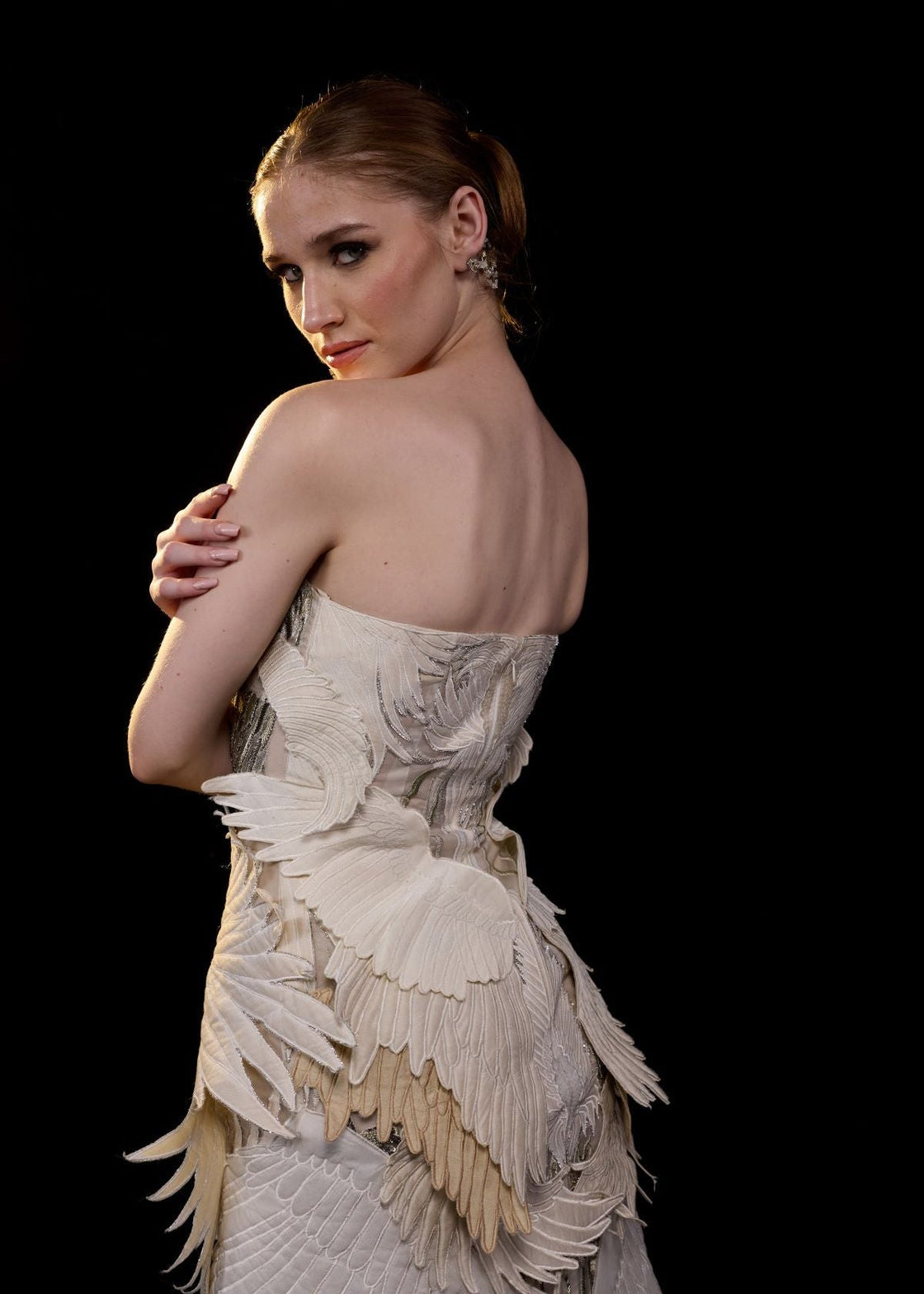 An ethereal strapless gown crafted with layered organza wings in soft ivory and beige tones - samantchauhan Apparel & Accessories