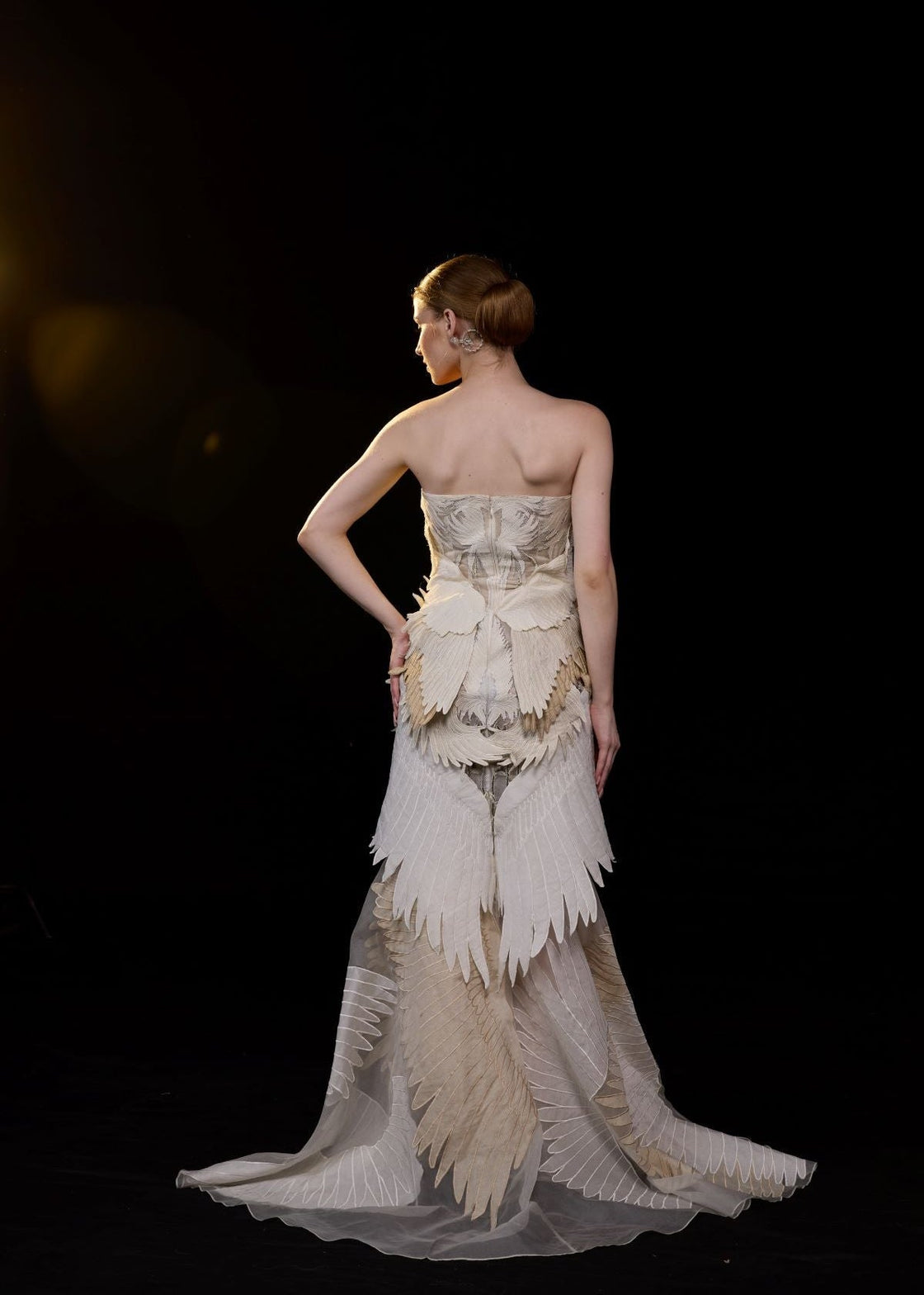 An ethereal strapless gown crafted with layered organza wings in soft ivory and beige tones - samantchauhan Apparel & Accessories