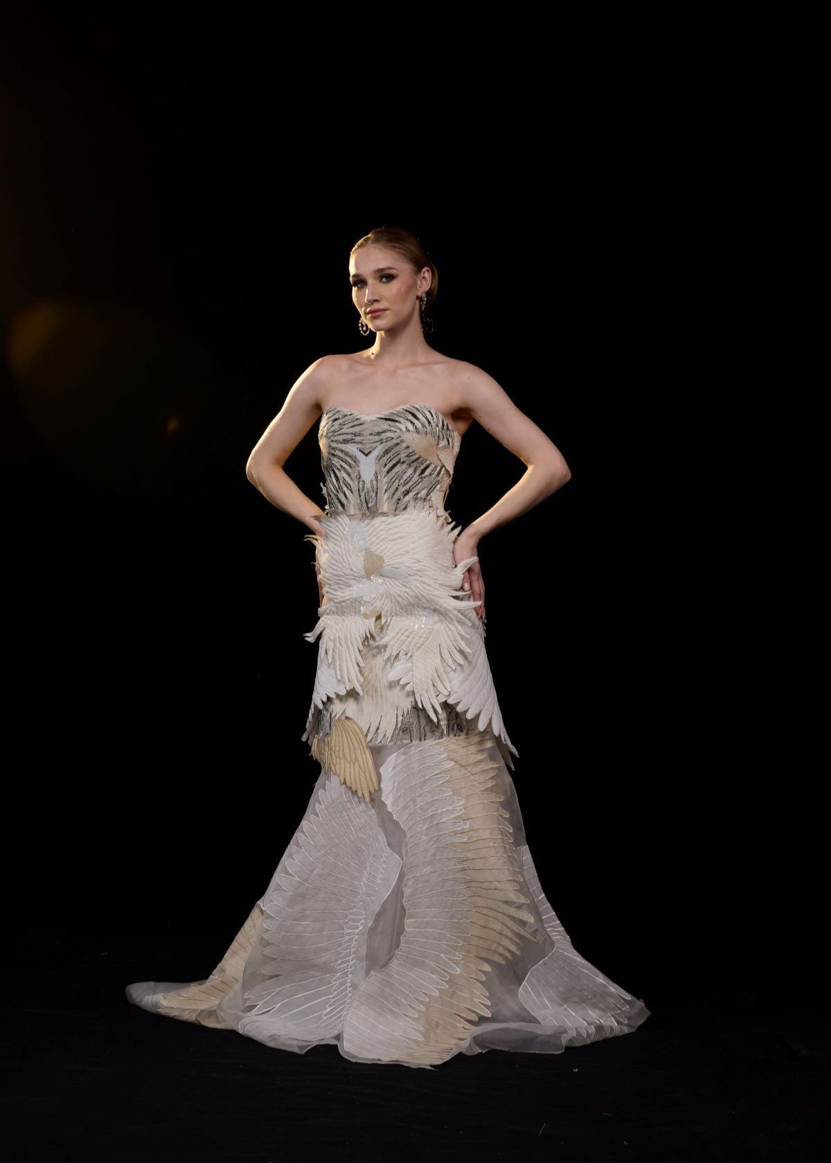 An ethereal strapless gown crafted with layered organza wings in soft ivory and beige tones - samantchauhan Apparel & Accessories