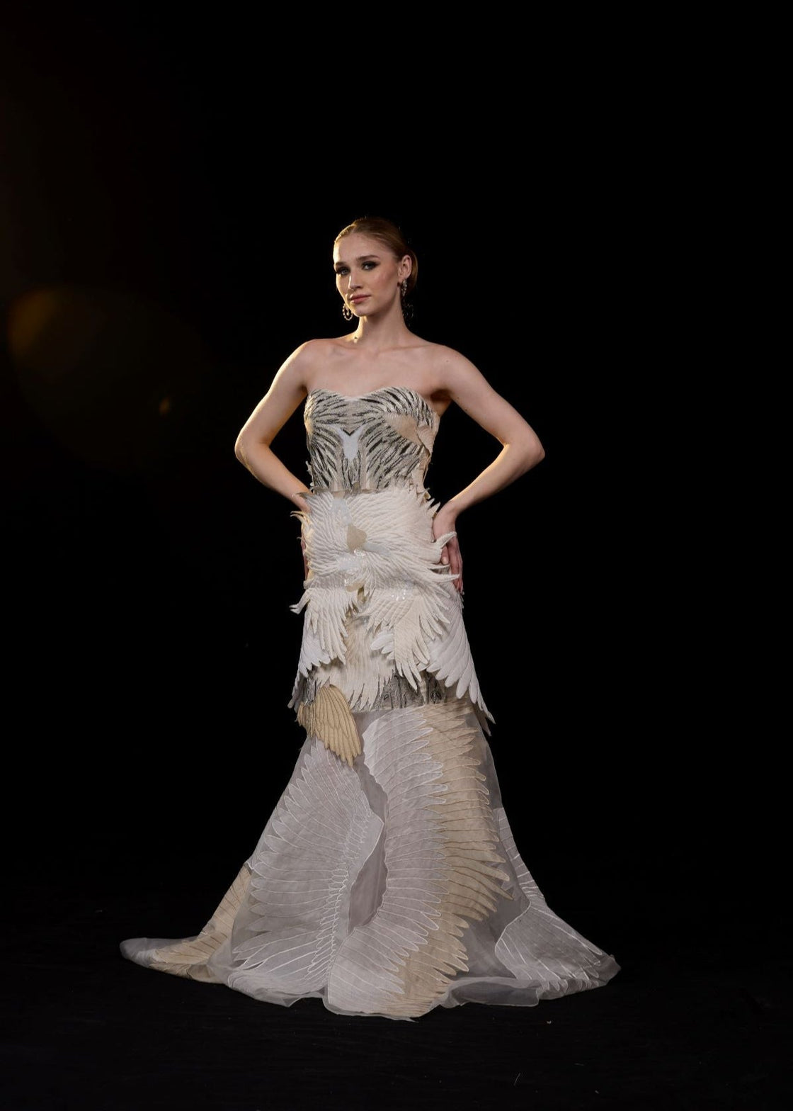 An ethereal strapless gown crafted with layered organza wings in soft ivory and beige tones - samantchauhan Apparel & Accessories