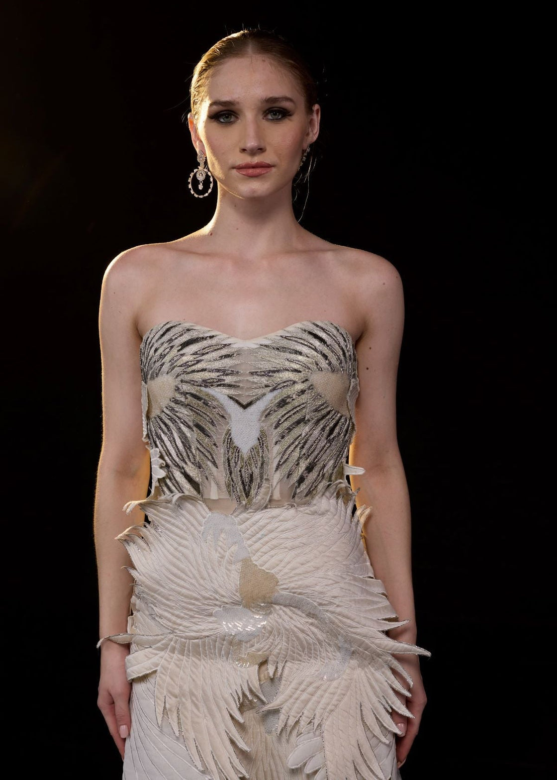 An ethereal strapless gown crafted with layered organza wings in soft ivory and beige tones - samantchauhan Apparel & Accessories