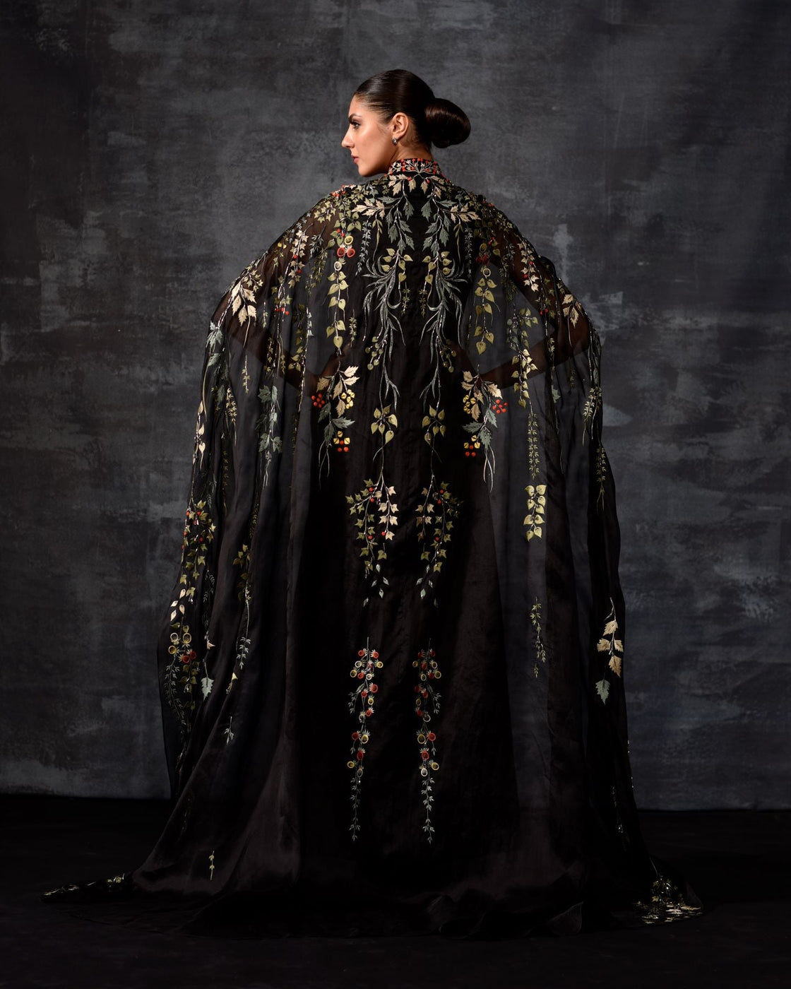 Black Embroidered Cape Gown - samantchauhan Apparel & Accessories