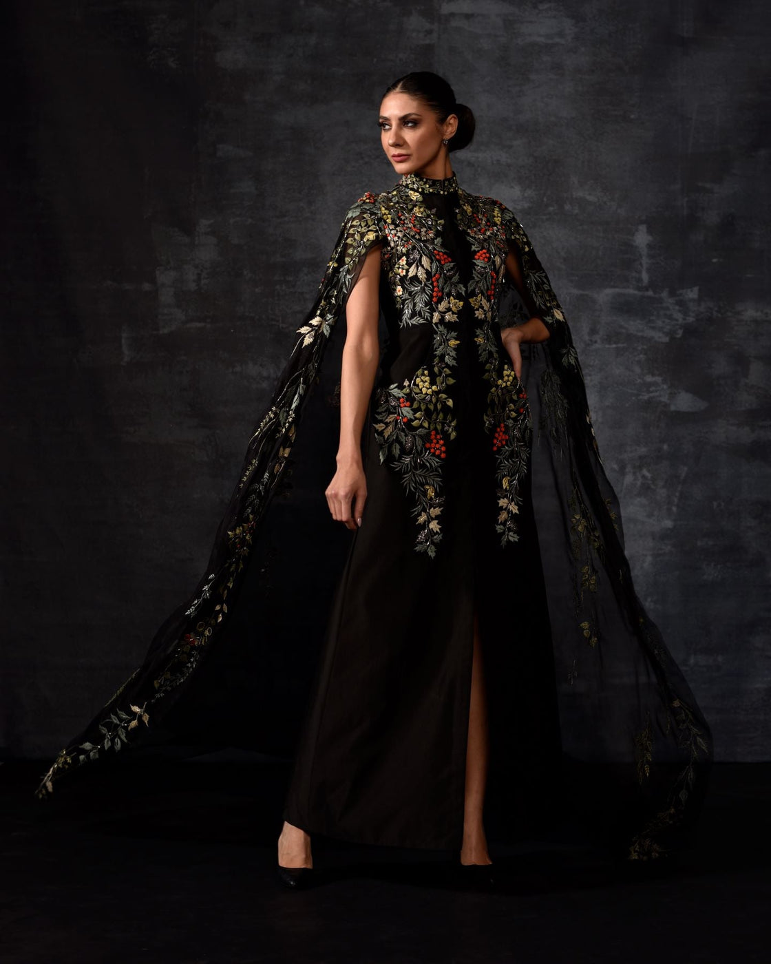 Black Embroidered Cape Gown - samantchauhan Apparel & Accessories