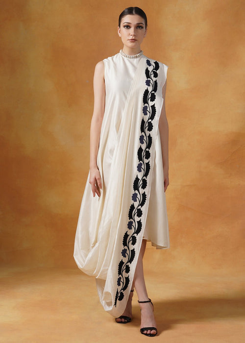 Black embroidery on an ivory cotton silk drape dress - samantchauhan Apparel & Accessories