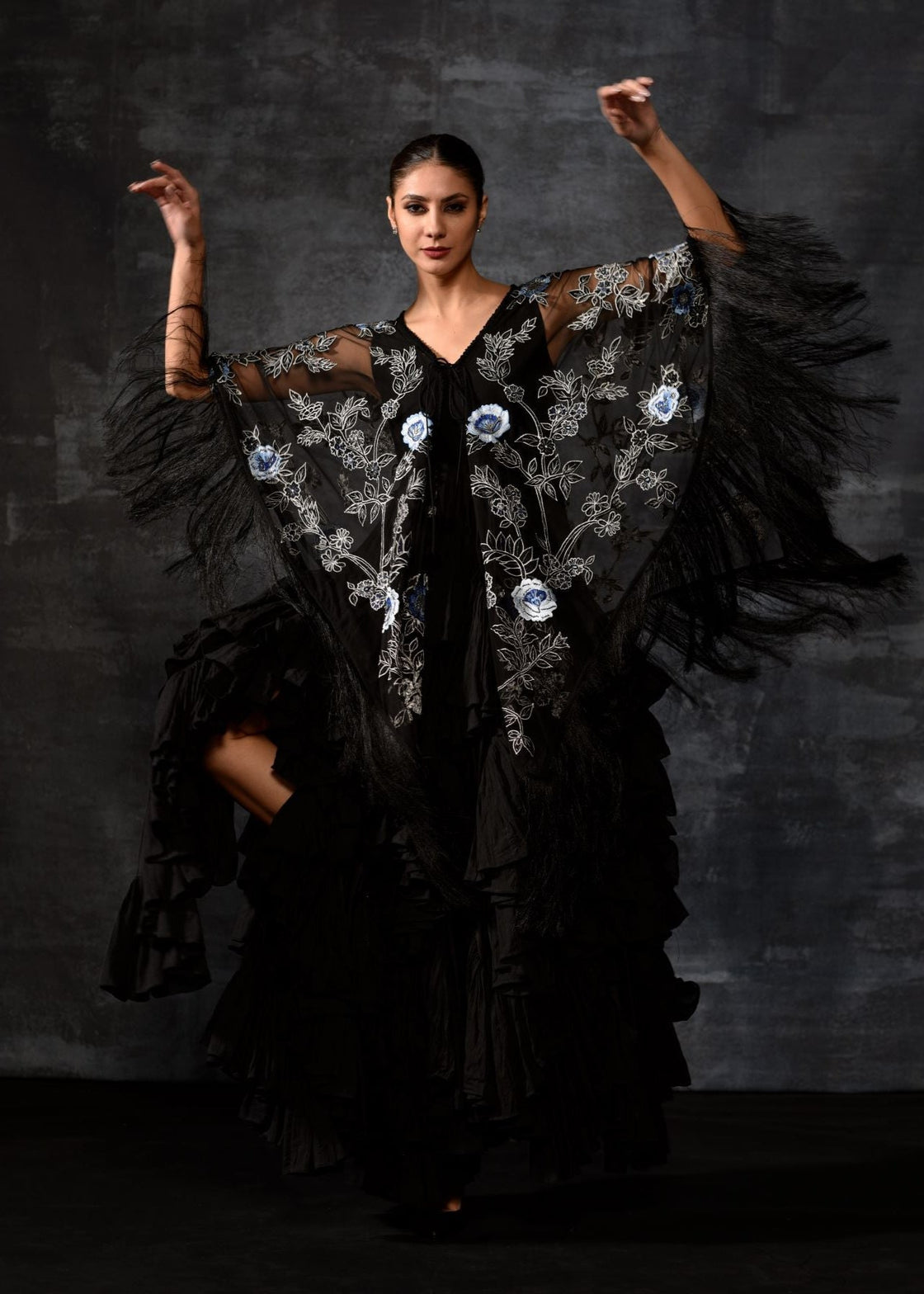 Black Fringe Embroidered Kaftan Gown - samantchauhan Apparel & Accessories
