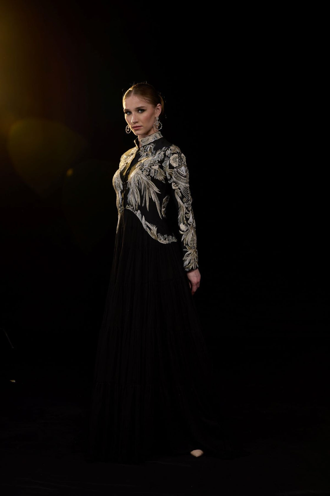 Black Gown with Metallic gold Embroidery.
