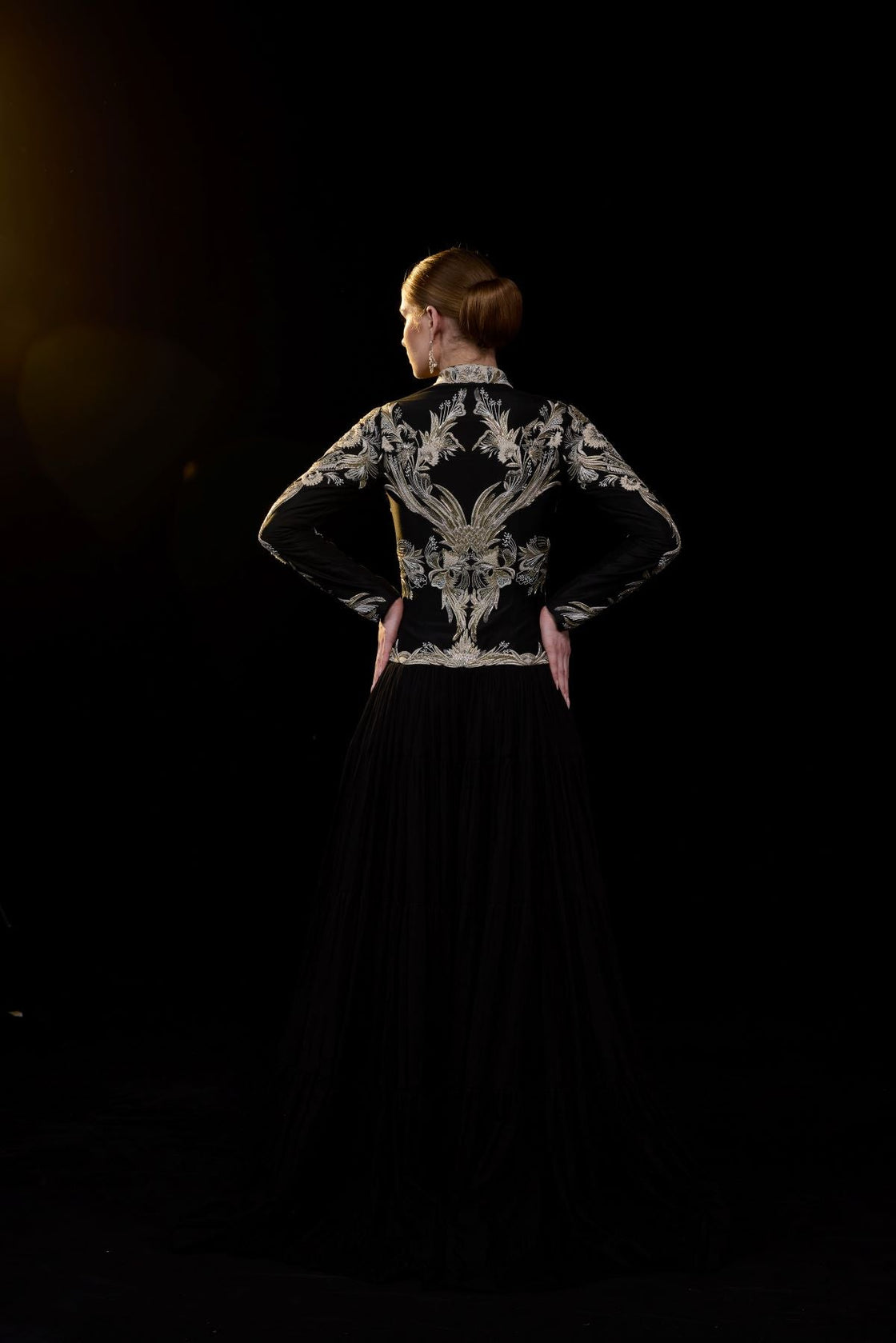 Black Gown with Metallic gold Embroidery.