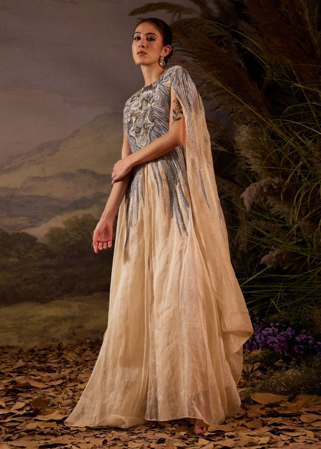 Champagne Draped Cape Gown with Ornate Silver Embroidery - samantchauhan Apparel & Accessories