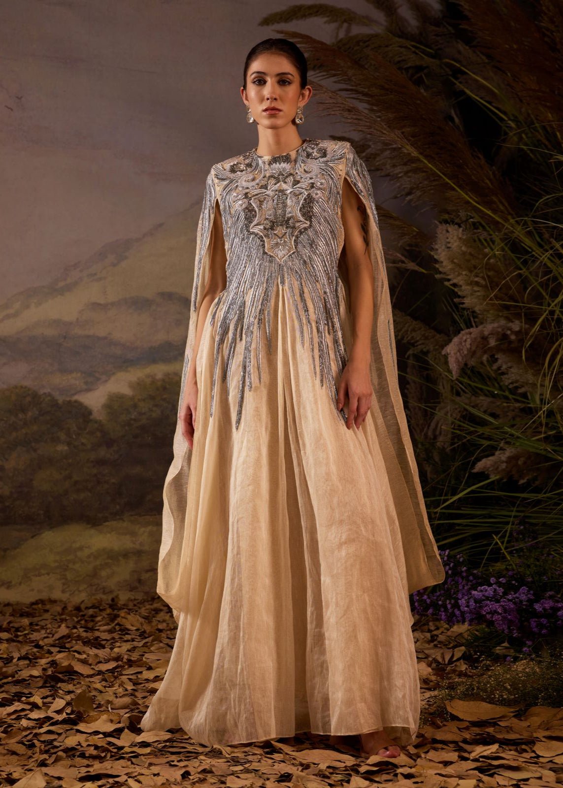 Champagne Draped Cape Gown with Ornate Silver Embroidery - samantchauhan Apparel & Accessories
