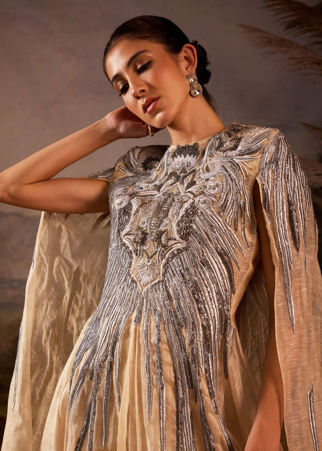 Champagne Draped Cape Gown with Ornate Silver Embroidery - samantchauhan Apparel & Accessories