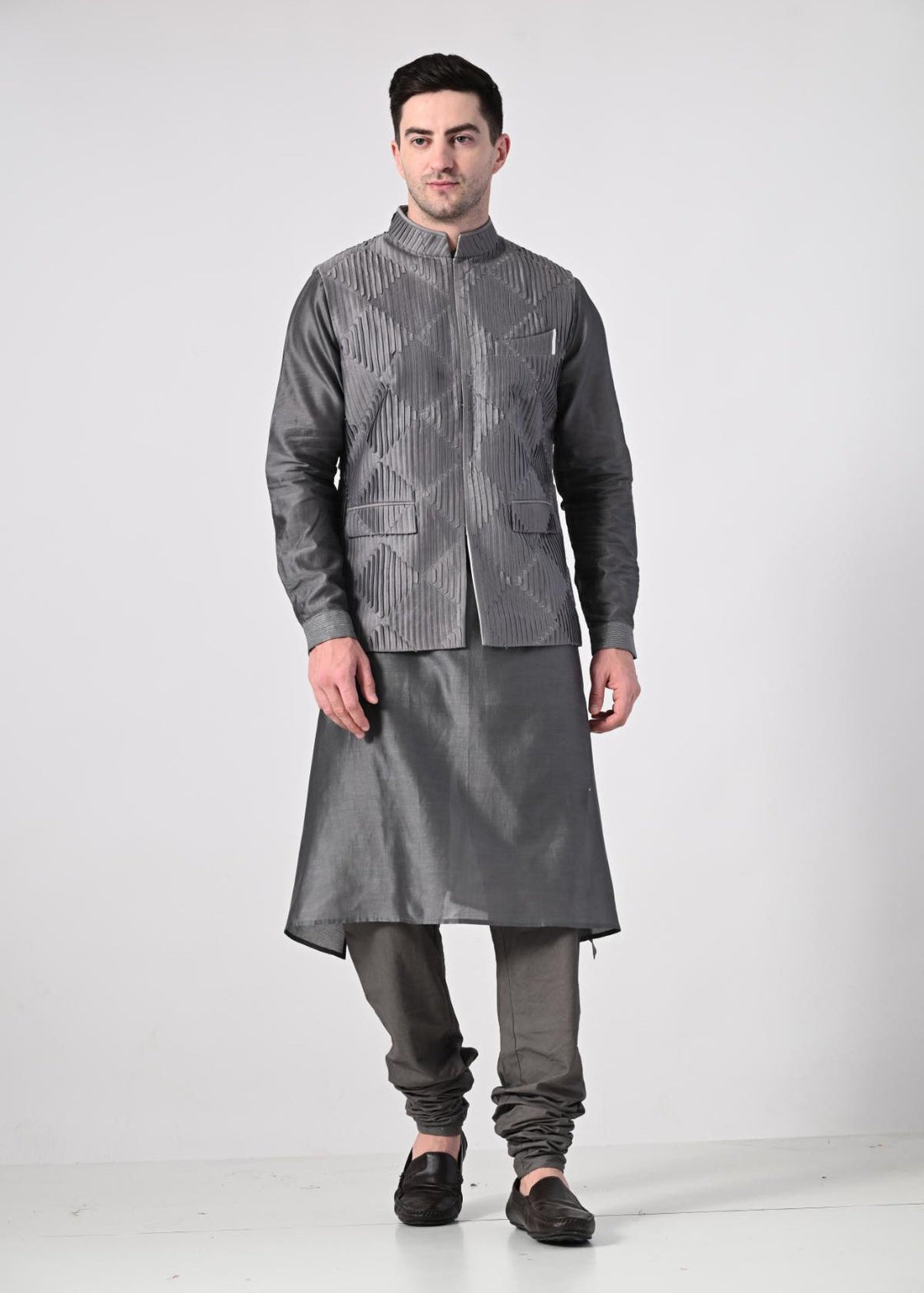 charcoal grey kurta churidar set, paired with a delicately embroidered Nehru jacket - samantchauhan Apparel & Accessories
