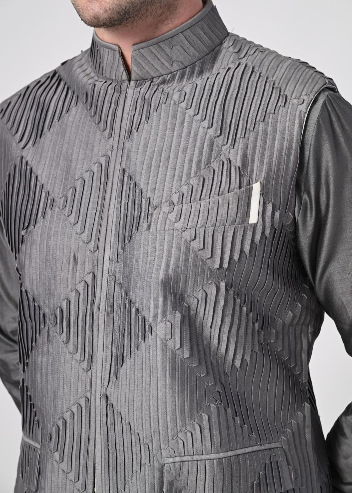 charcoal grey kurta churidar set, paired with a delicately embroidered Nehru jacket - samantchauhan Apparel & Accessories