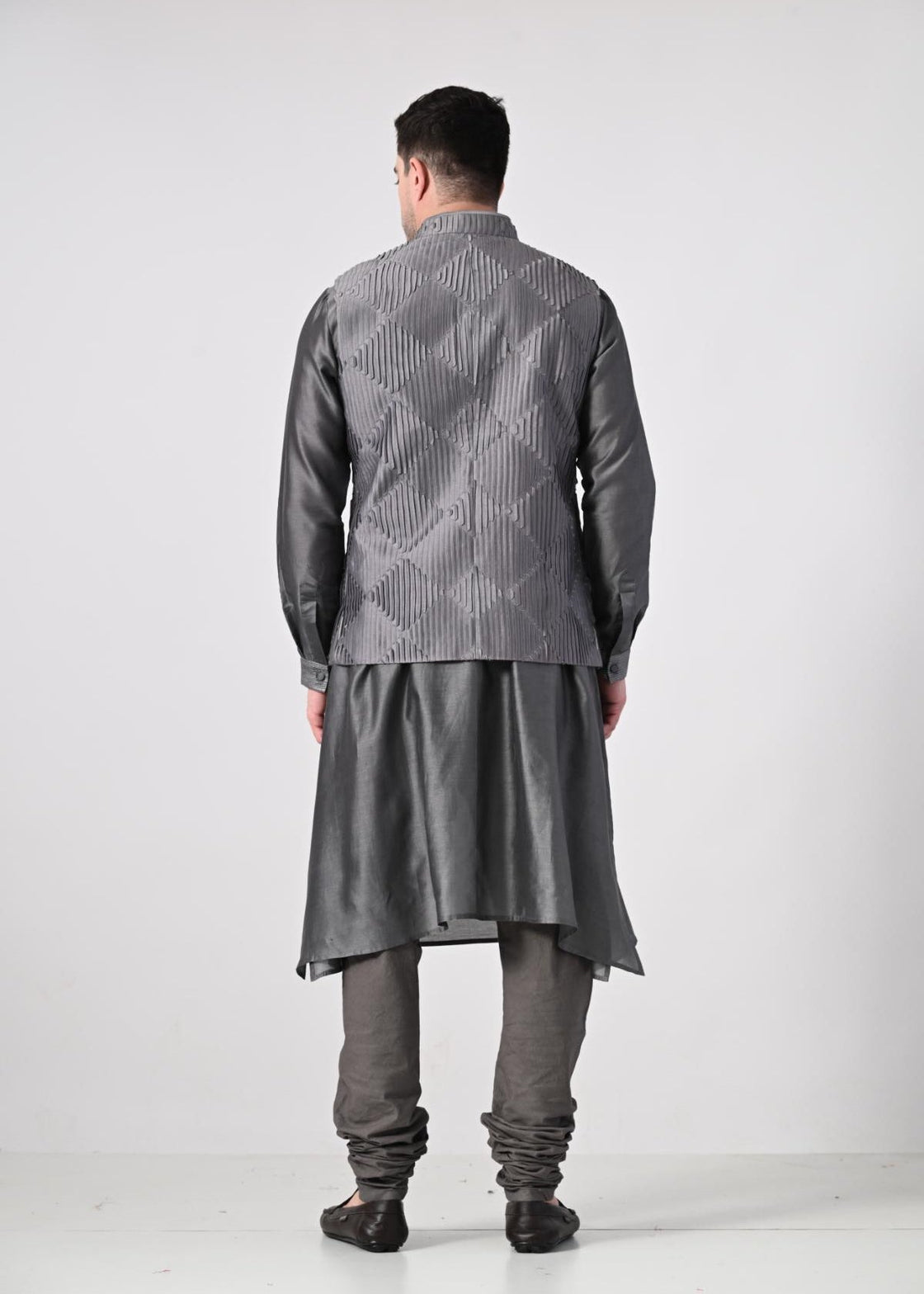 charcoal grey kurta churidar set, paired with a delicately embroidered Nehru jacket - samantchauhan Apparel & Accessories