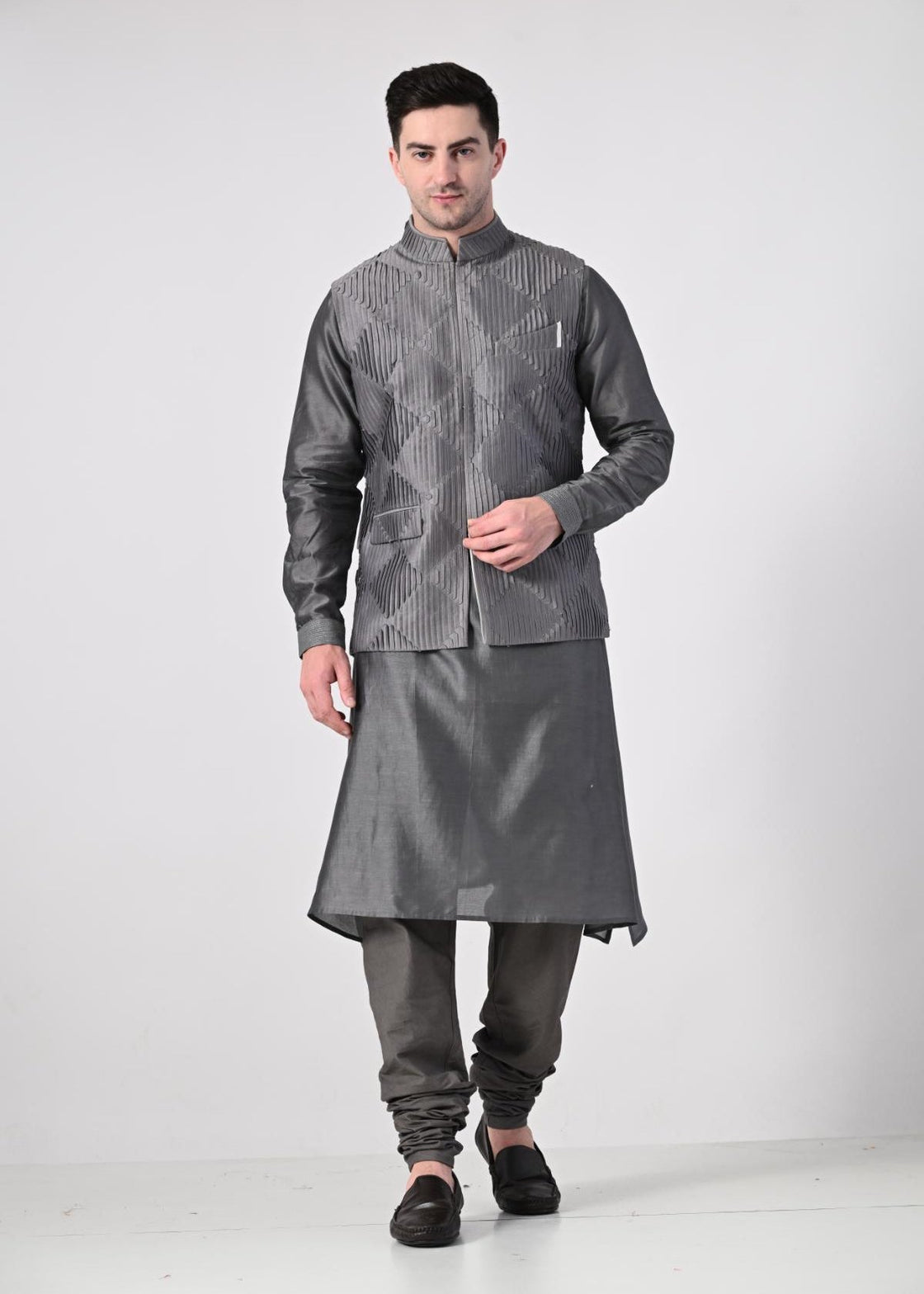 charcoal grey kurta churidar set, paired with a delicately embroidered Nehru jacket - samantchauhan Apparel & Accessories