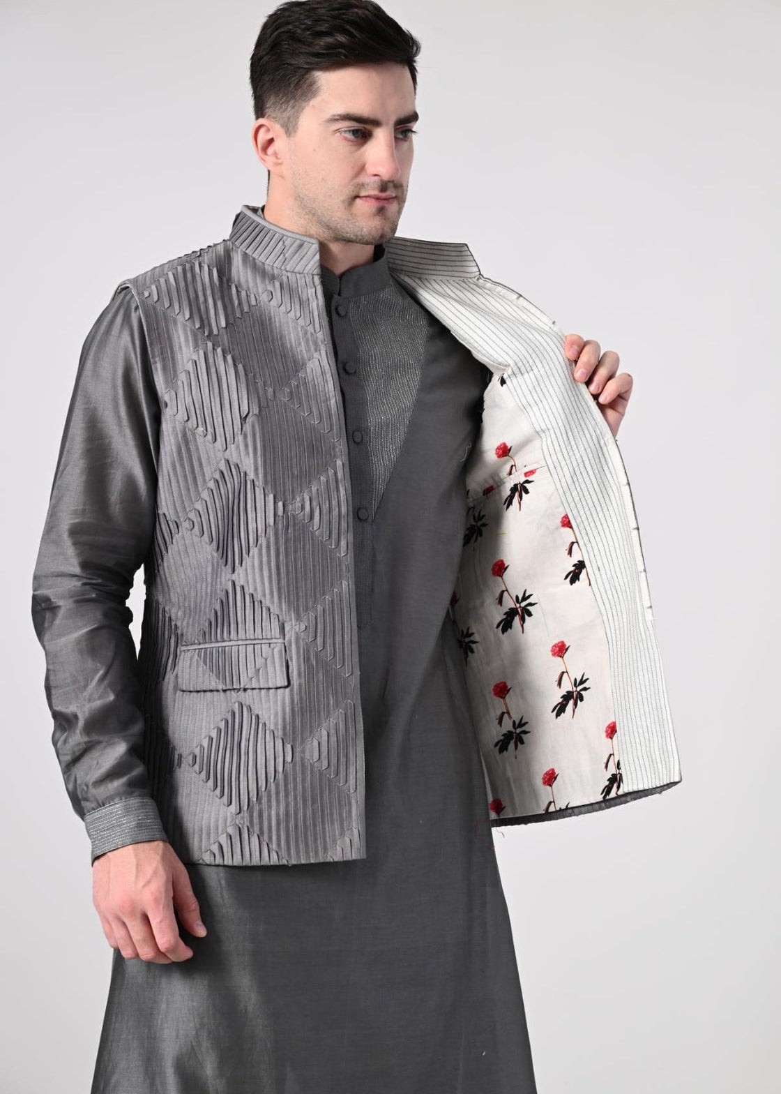 charcoal grey kurta churidar set, paired with a delicately embroidered Nehru jacket - samantchauhan Apparel & Accessories