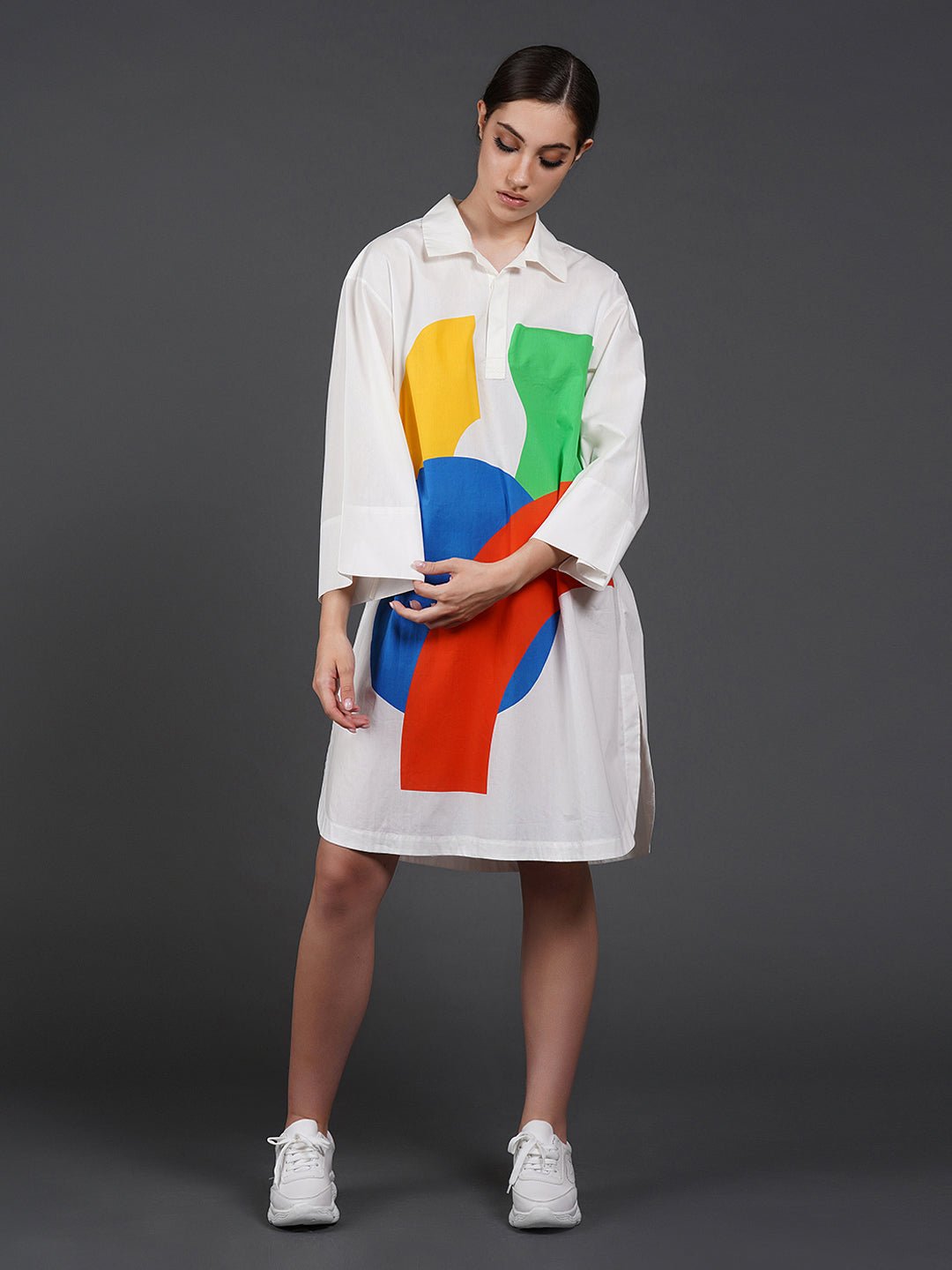Copy of White cotton kurta showcasing abstract digital print in the front. - samantchauhan