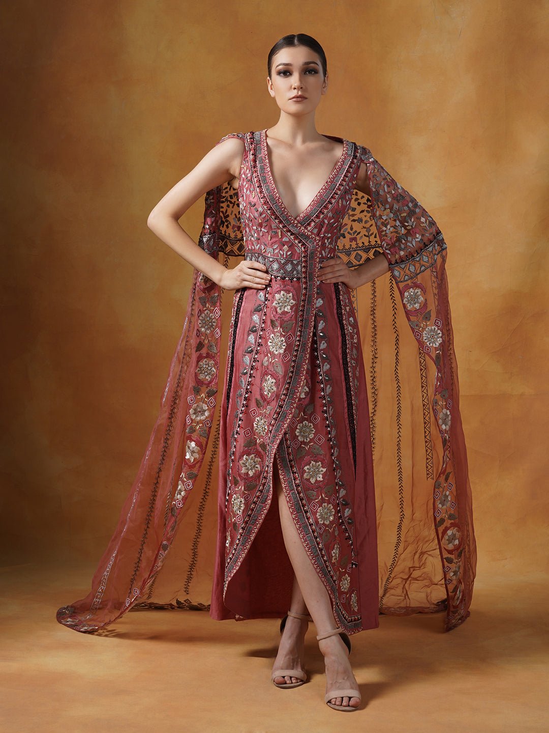 Cotton silk gown with an attached embroidered trail. - samantchauhan Apparel & Accessories