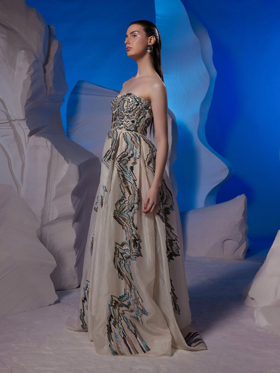 Cotton silk off - shoulder gown featuring a box pleat - samantchauhan Apparel & Accessories