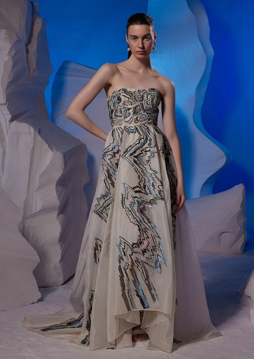 Cotton silk off - shoulder gown featuring a box pleat - samantchauhan Apparel & Accessories